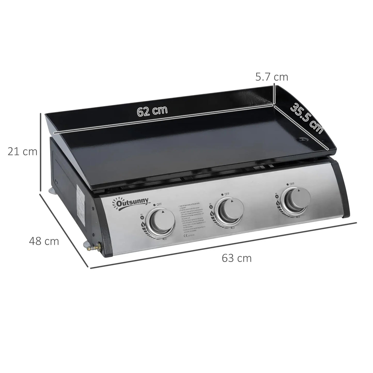Outsunny Gas Plancha Grill with 3 Stainless Steel Burner, 9kW, Portable Tabletop Gas BBQ with Non - Stick Griddle for Camping Picnic Garden Party Festival 846 - 108V71SR - Garden & Outdoor