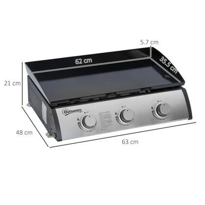 Outsunny Gas Plancha Grill with 3 Stainless Steel Burner, 9kW, Portable Tabletop Gas BBQ with Non - Stick Griddle for Camping Picnic Garden Party Festival 846 - 108V71SR - Garden & Outdoor