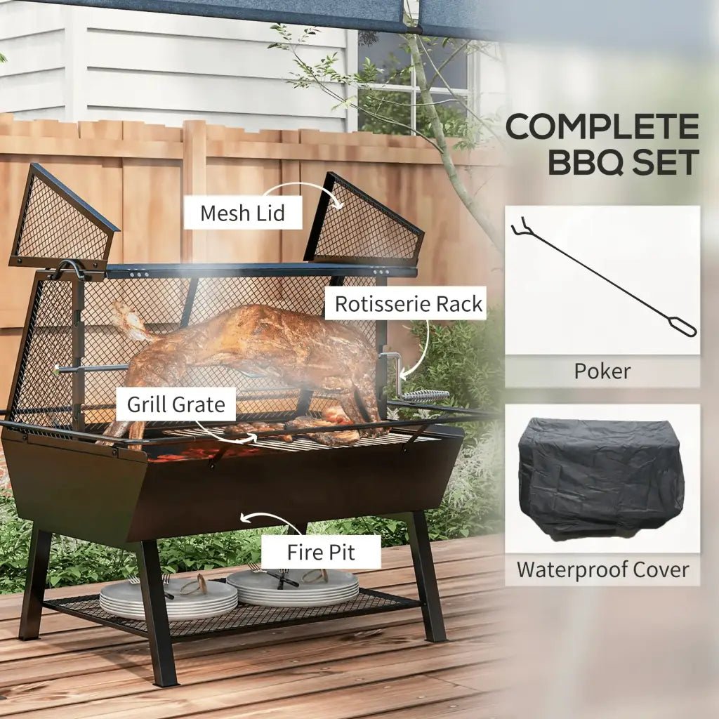 Outsunny 3 - in - 1 Barbecue Grill, Rotisserie Roaster and Fire Pit, with Cover 846 - 131V00BK - Garden & Outdoor