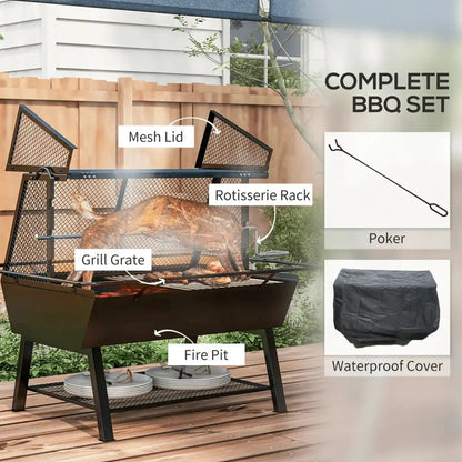 Outsunny 3 - in - 1 Barbecue Grill, Rotisserie Roaster and Fire Pit, with Cover 846 - 131V00BK - Garden & Outdoor