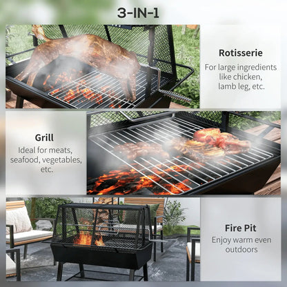 Outsunny 3 - in - 1 Barbecue Grill, Rotisserie Roaster and Fire Pit, with Cover 846 - 131V00BK - Garden & Outdoor