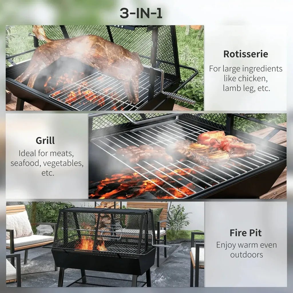 Outsunny black 3-in-1 outdoor grill with rotisserie grilling surface and fire pit for versatile barbecue cooking