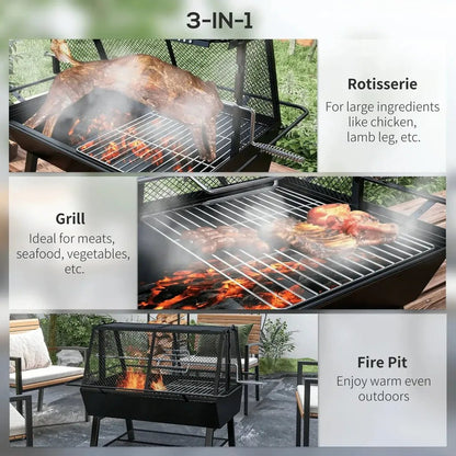 Outsunny black 3-in-1 outdoor grill with rotisserie grilling surface and fire pit for versatile barbecue cooking