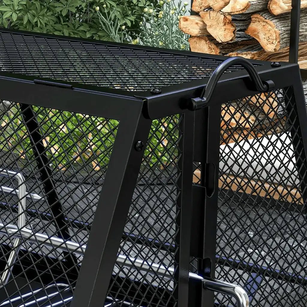 Outsunny black metal mesh firewood cart with sturdy frame and handle for barbecue grill rotisserie and fire pit use