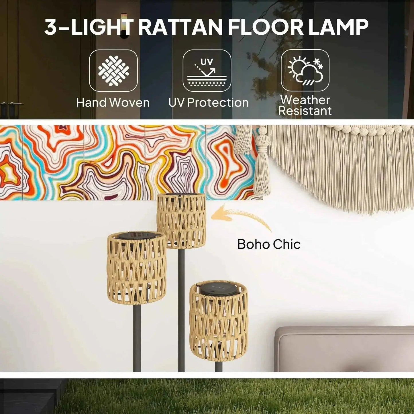 Outsunny 3-Light Solar Rattan Floor Lamp with Shelf, Auto On/Off, Yellow | 867-269V00YL
