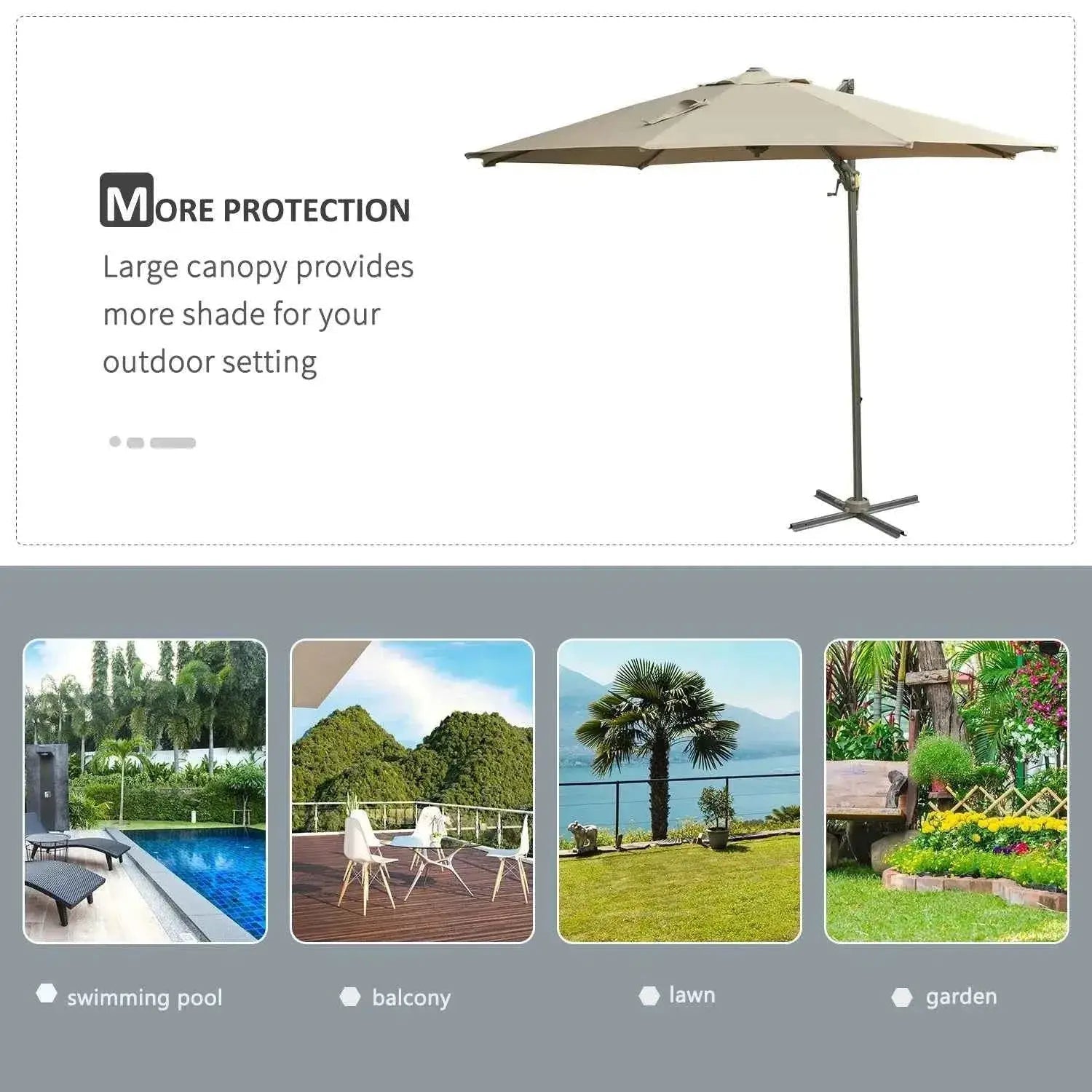 Beige fabric canopy Outsunny 3 meter beach hanging umbrella parasol with dark gray metal cross-base stand in khaki