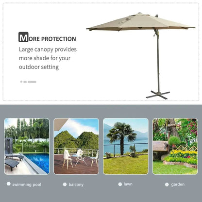 Beige fabric canopy Outsunny 3 meter beach hanging umbrella parasol with dark gray metal cross-base stand in khaki