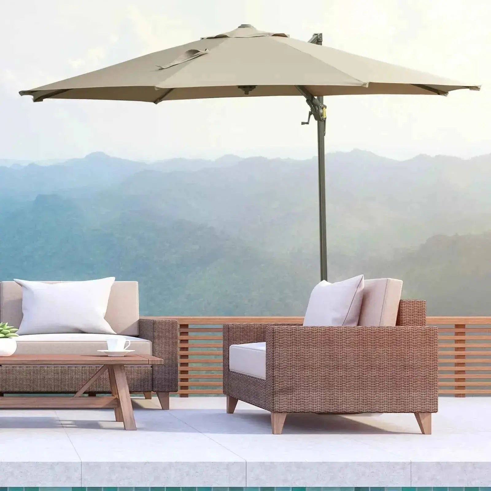 Beige fabric outsunny 3 meter beach hanging umbrella parasol with a sturdy metal pole and khaki shade