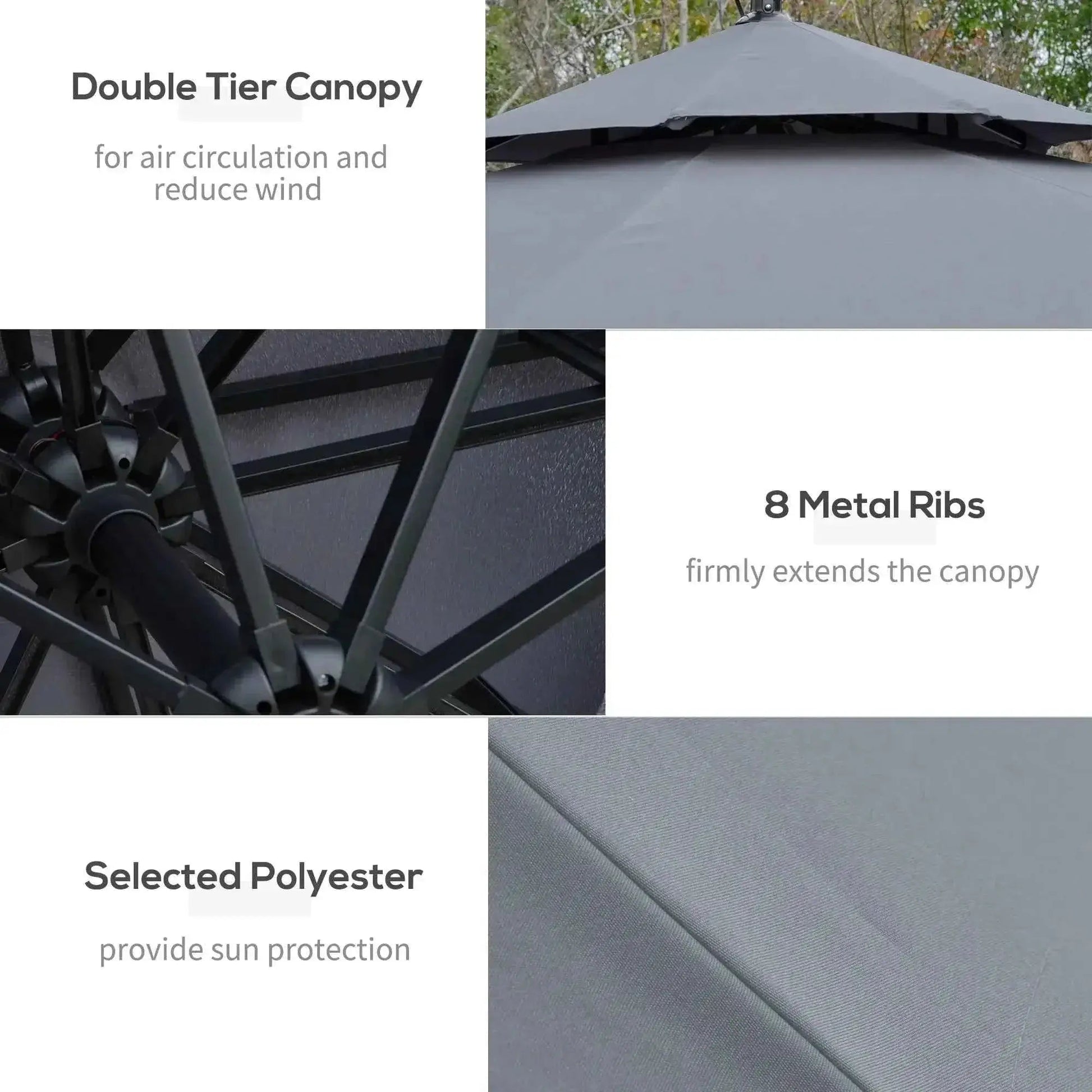 Outsunny 3 meter led light overhanging parasol grey with gray double-tiered durable polyester canopy and metal ribs