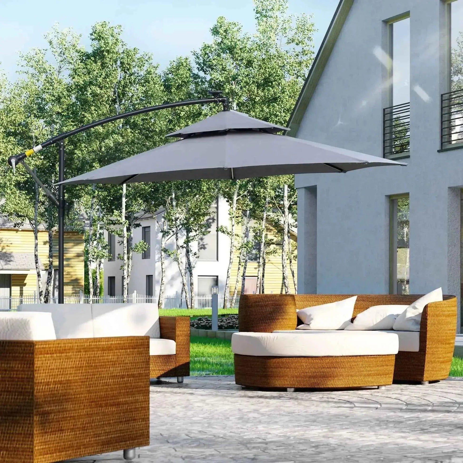 Gray two-tiered cantilever patio umbrella with black metal frame and LED light from Outsunny 3 meter model 84D-180GY