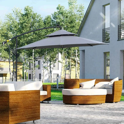 Gray two-tiered cantilever patio umbrella with black metal frame and LED light from Outsunny 3 meter model 84D-180GY