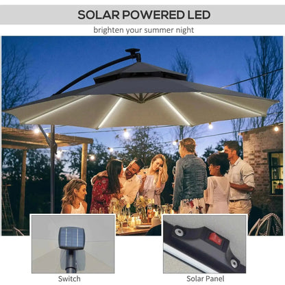 Beige solar-powered led umbrella with integrated lighting and black curved arm from Outsunny 3 meter parasol gray series