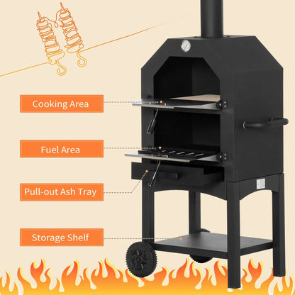 Outsunny Outdoor Garden Pizza Oven Charcoal BBQ Grill 3 - Tier Freestanding w/ Chimney, Mesh Shelf, Thermometer Handles, Wheels Garden Party Gathering Stainless Steel Cooker 846 - 051 - Garden & Outdoor