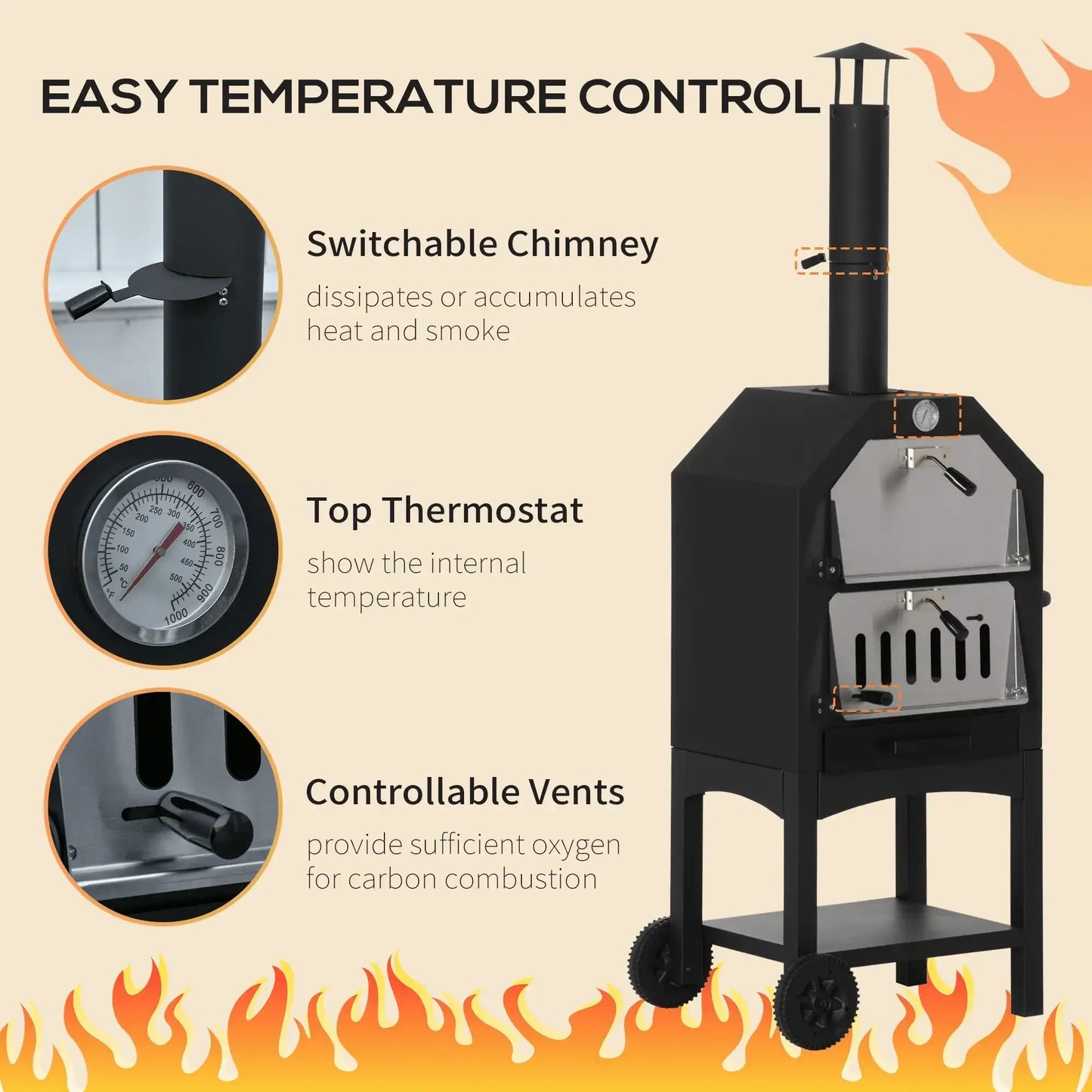 Outsunny Outdoor Garden Pizza Oven Charcoal BBQ Grill 3 - Tier Freestanding w/ Chimney, Mesh Shelf, Thermometer Handles, Wheels Garden Party Gathering Stainless Steel Cooker 846 - 051 - Garden & Outdoor