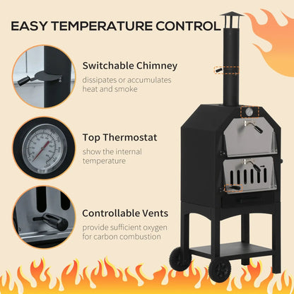 Outsunny Outdoor Garden Pizza Oven Charcoal BBQ Grill 3 - Tier Freestanding w/ Chimney, Mesh Shelf, Thermometer Handles, Wheels Garden Party Gathering Stainless Steel Cooker 846 - 051 - Garden & Outdoor