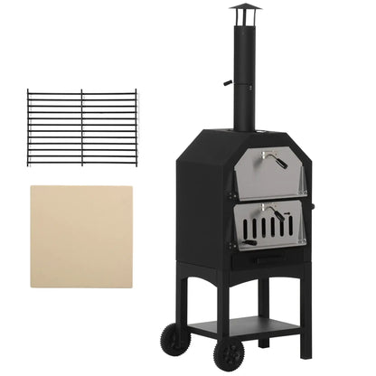 Outsunny Outdoor Garden Pizza Oven Charcoal BBQ Grill 3 - Tier Freestanding w/ Chimney, Mesh Shelf, Thermometer Handles, Wheels Garden Party Gathering Stainless Steel Cooker 846 - 051 - Garden & Outdoor