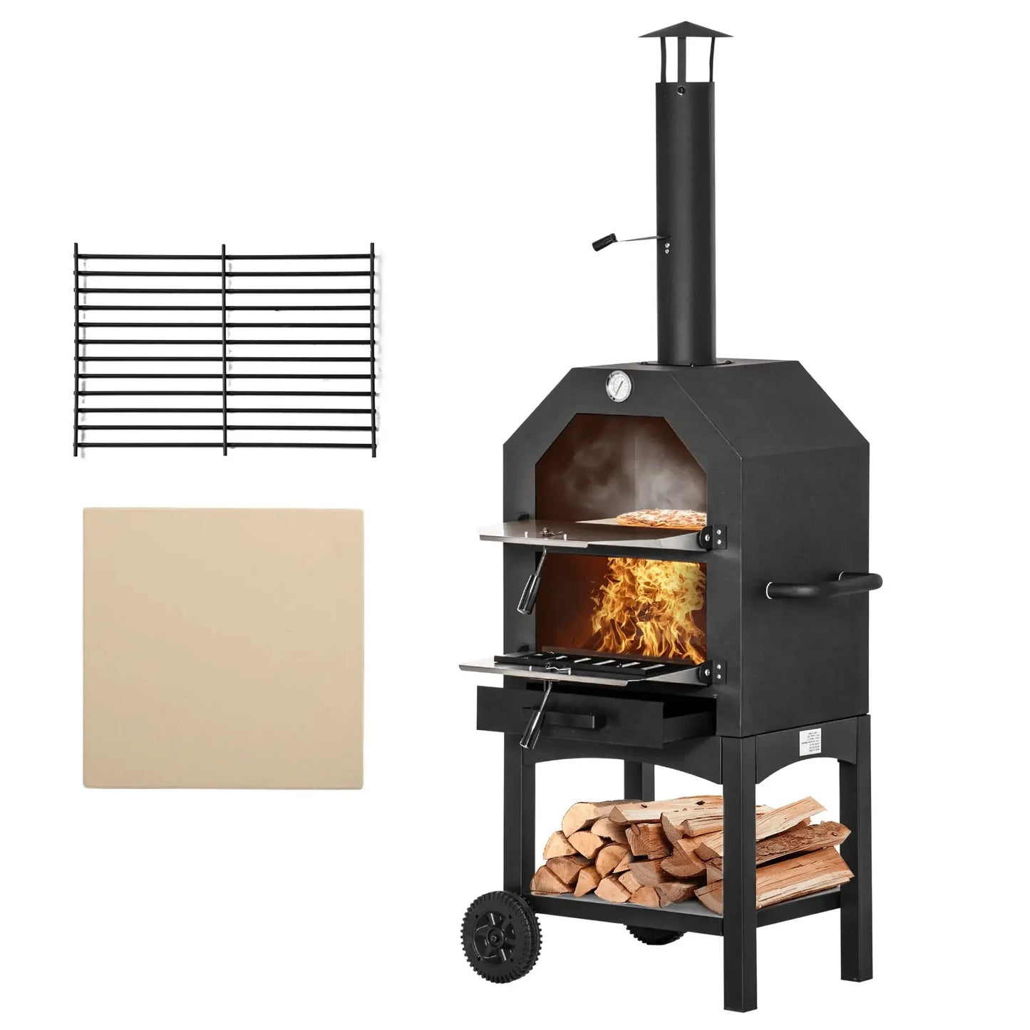 Outsunny Outdoor Garden Pizza Oven Charcoal BBQ Grill 3 - Tier Freestanding w/ Chimney, Mesh Shelf, Thermometer Handles, Wheels Garden Party Gathering Stainless Steel Cooker 846 - 051 - Garden & Outdoor