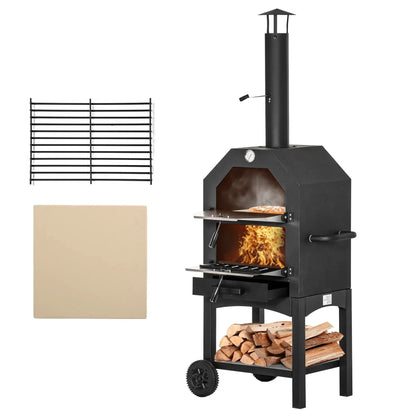 Outsunny Outdoor Garden Pizza Oven Charcoal BBQ Grill 3 - Tier Freestanding w/ Chimney, Mesh Shelf, Thermometer Handles, Wheels Garden Party Gathering Stainless Steel Cooker 846 - 051 - Garden & Outdoor