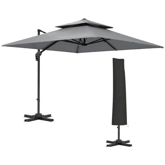 Outsunny 3 x 3 m Cantilever Parasol – Large Square Garden Umbrella with Aluminium Frame, Crank Tilt & 360° Rotation | 84D - 073V02LG - Furniture, Lighting & Decor