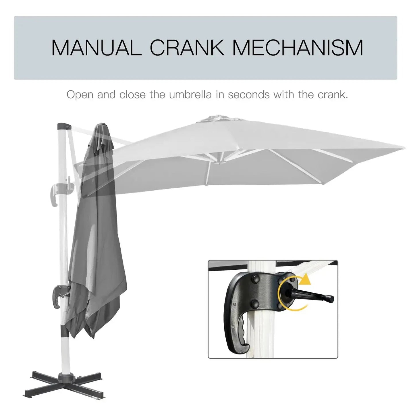 Outsunny 3 x 3(m) Cantilever Roma Parasol, Square Garden Umbrella with Cross Base, Crank Handle, Tilt, 360° Rotation and Aluminium Frame - Grey | 84D - 086V00GY - Furniture, Lighting & Decor