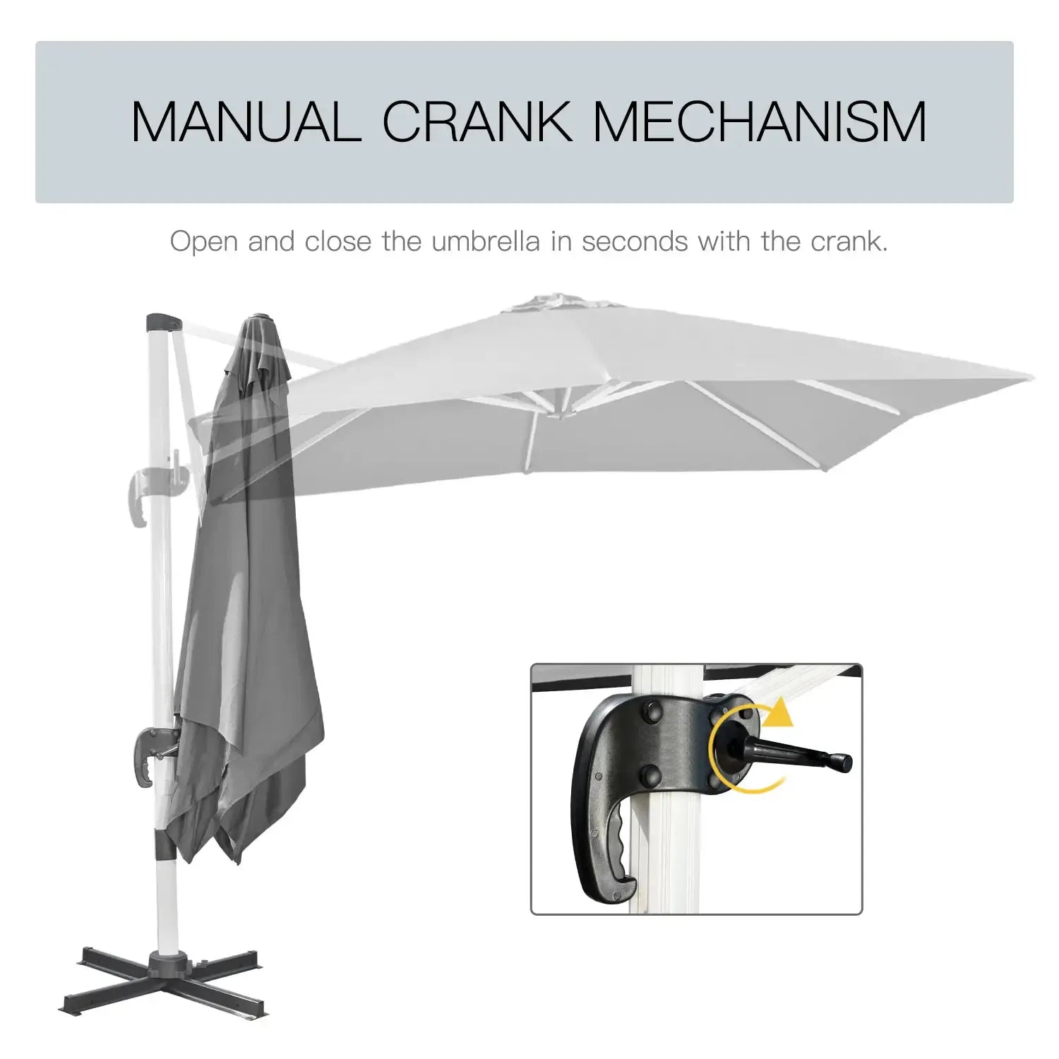 Outsunny 3 x 3(m) Cantilever Roma Parasol, Square Garden Umbrella with Cross Base, Crank Handle, Tilt, 360° Rotation and Aluminium Frame - Grey | 84D - 086V00GY - Furniture, Lighting & Decor