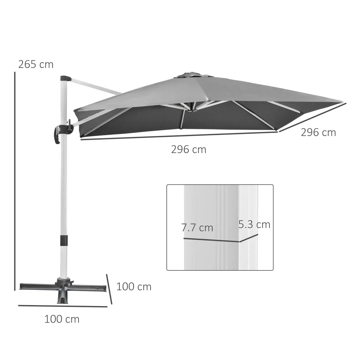 Outsunny 3 x 3(m) Cantilever Roma Parasol, Square Garden Umbrella with Cross Base, Crank Handle, Tilt, 360° Rotation and Aluminium Frame - Grey | 84D - 086V00GY - Furniture, Lighting & Decor