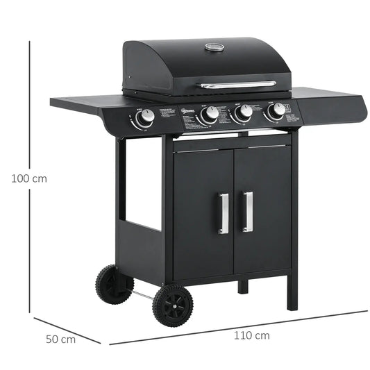 Outsunny 3+1 Burner Gas BBQ Grill, Outdoor Barbecue Trolley with Wheels, Warming Rack, Side Shelves, Cabinet, Thermometer for Garden, Party, Camping, 110L x 50W x 100Hcm, Black 846 - 064 - Garden & Outdoor