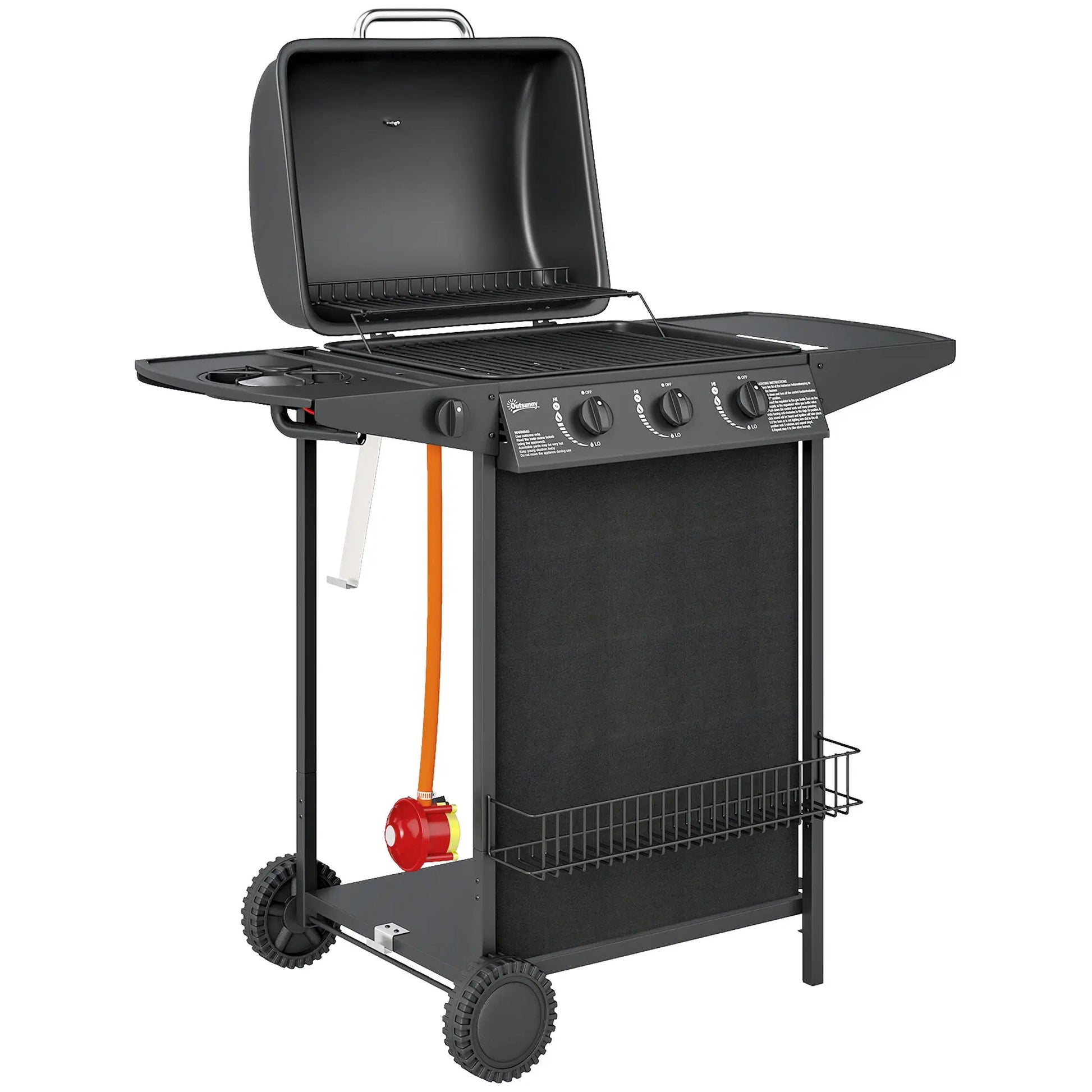 Outsunny 3+1 Burner Gas BBQ Grill – Thermometer, Side Table, Black | 846 - 167V70BK - BBQs & Grills