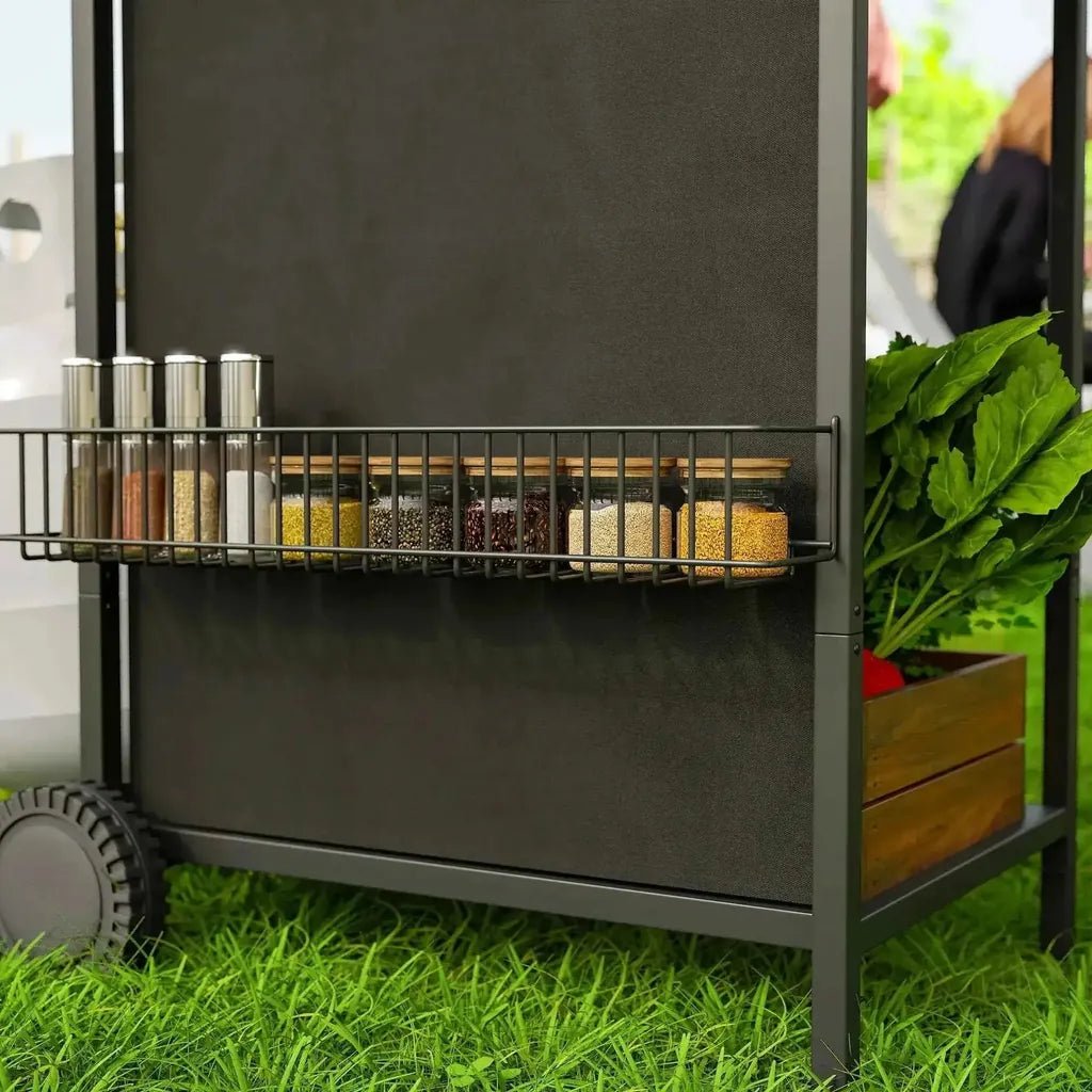 Black metal spice cart with wire rack holding glass jars of spices and grains for outsunny 3 plus 1 burner gas bbq grill