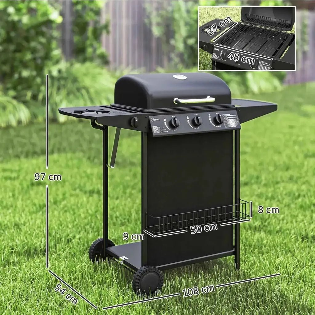 Outsunny black 3+1 burner gas bbq grill with thermometer, sturdy metal frame, four control knobs, and side shelf for convenience