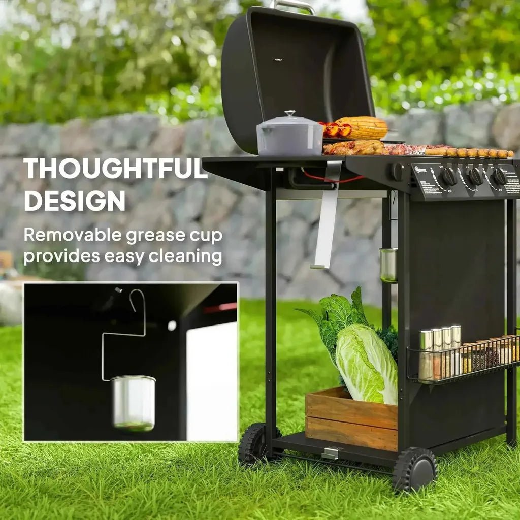 Outsunny black metal 3 burner gas bbq grill cart with thermometer removable grease cup and storage shelves for vegetables and spices