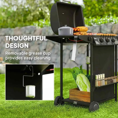 Outsunny black metal 3 burner gas bbq grill cart with thermometer removable grease cup and storage shelves for vegetables and spices