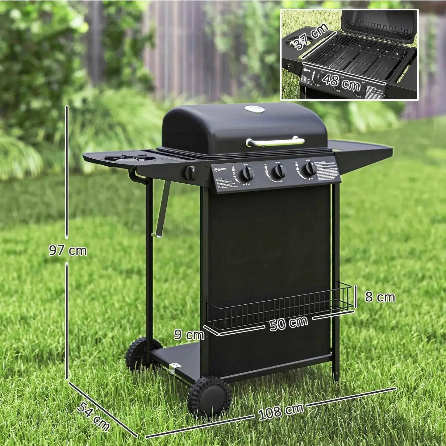 Outsunny 3+1 Burner Gas BBQ Grill – Thermometer, Side Table, Black | 846-167V70BK