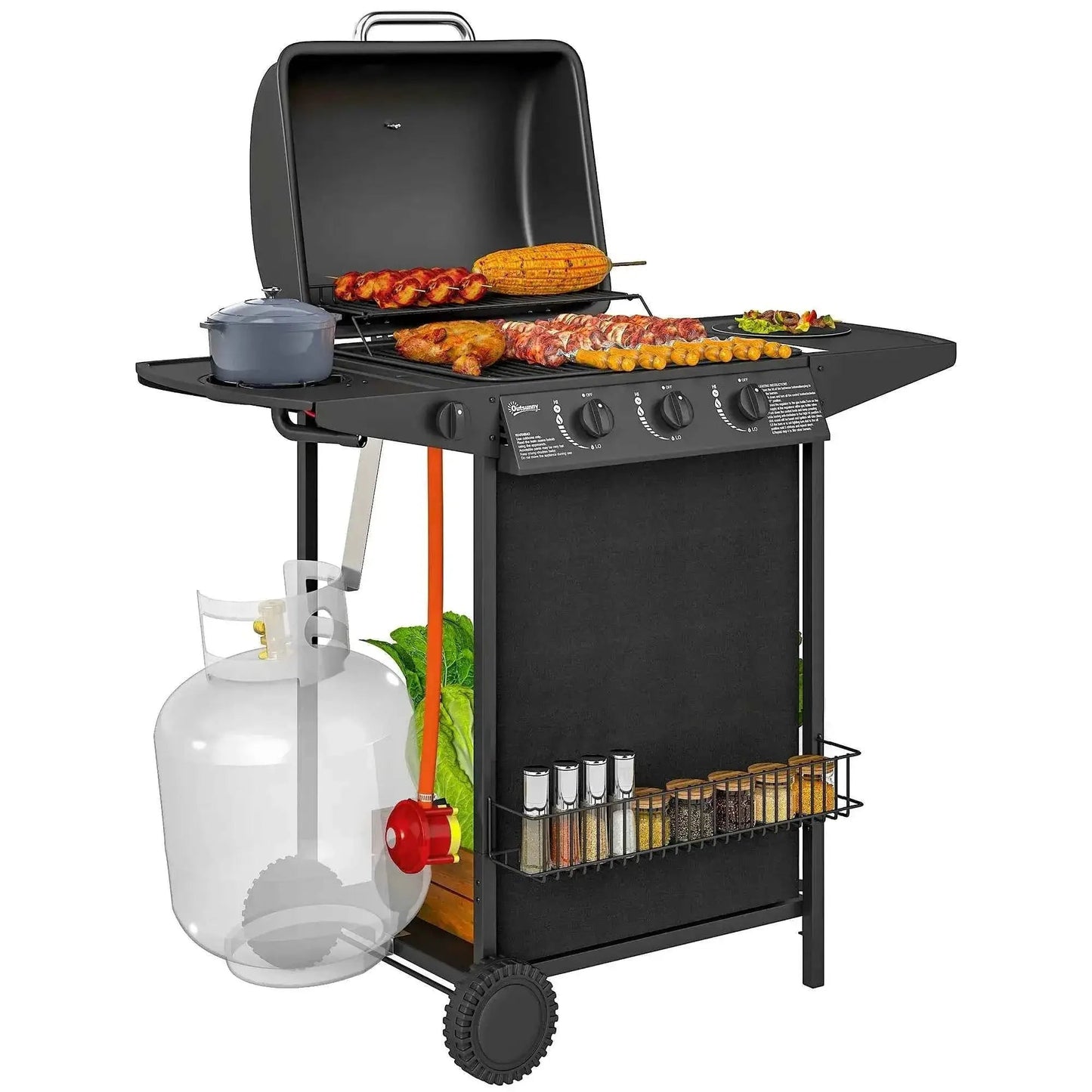 Outsunny 3+1 Burner Gas BBQ Grill – Thermometer, Side Table, Black | 846-167V70BK