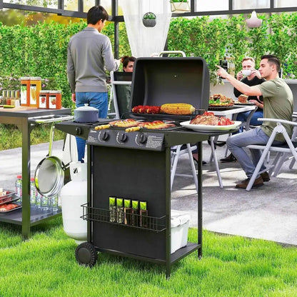 Black outsunny 3 plus 1 burner portable gas bbq grill with thermometer wheels side table and storage shelves