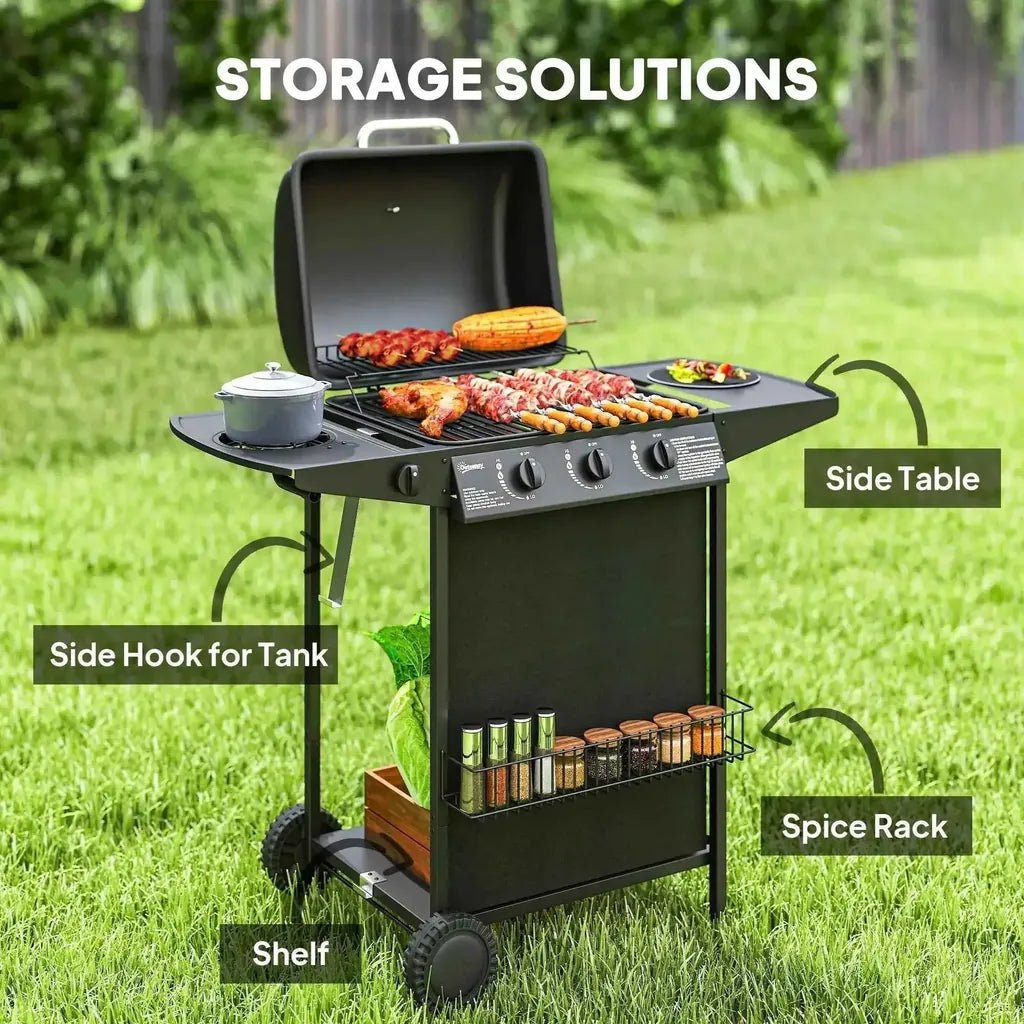 Black metal outsunny 3+1 burner gas bbq grill cart with thermometer side table spice rack and outdoor storage shelf