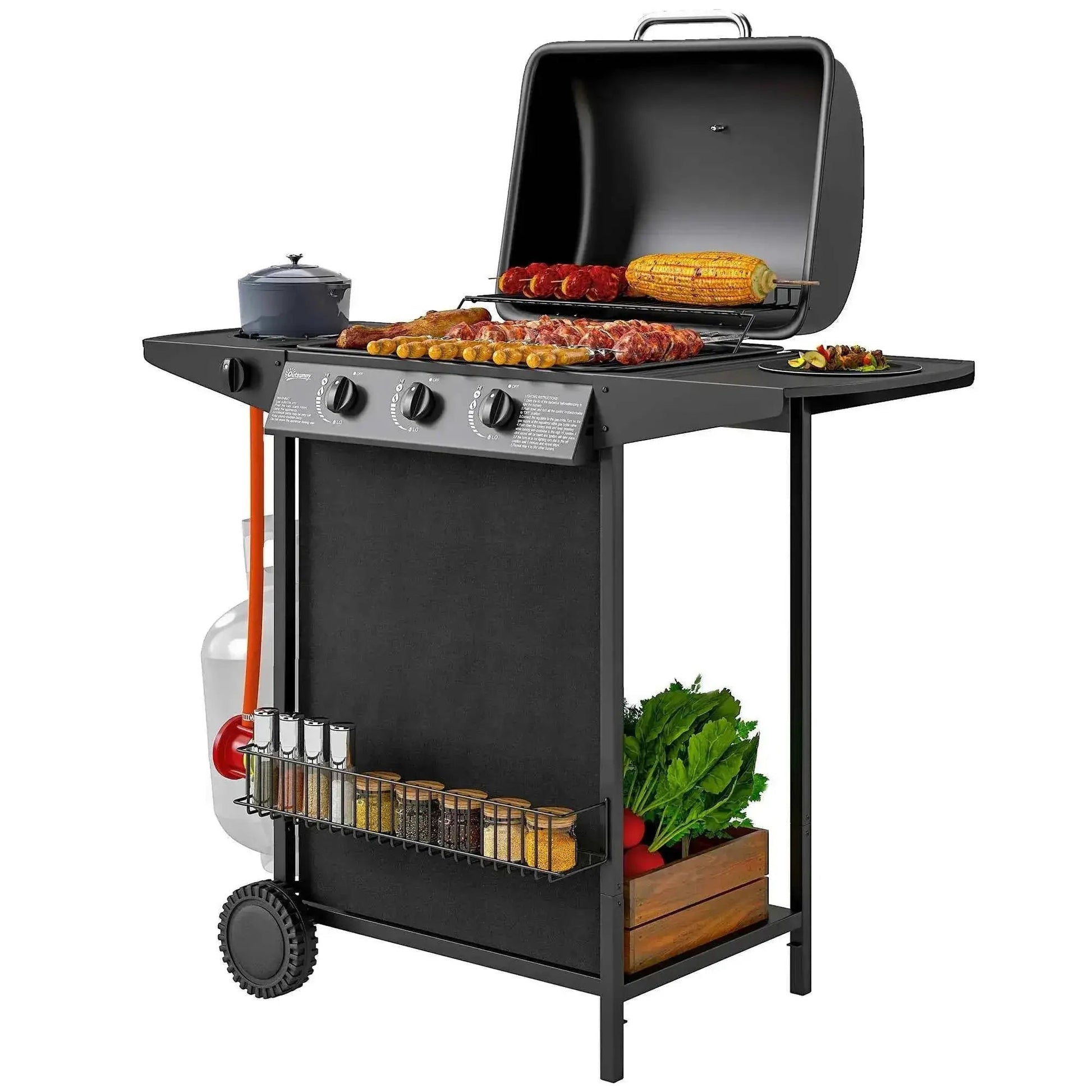 Outsunny 3+1 Burner Gas BBQ Grill – Thermometer, Side Table, Black | 846-167V70BK