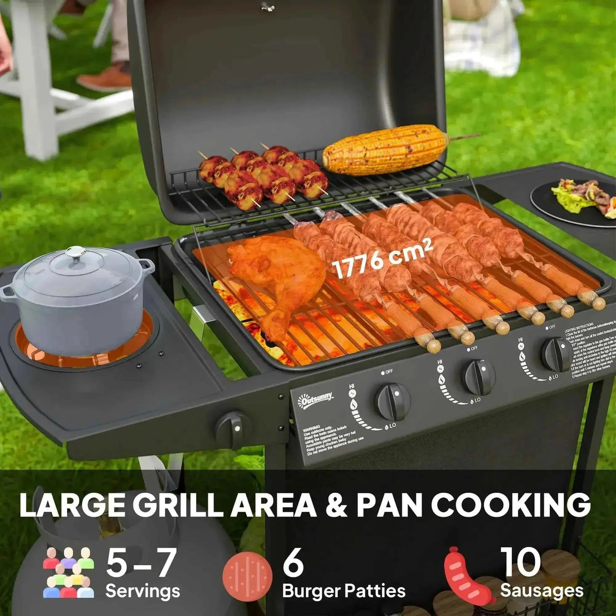 Outsunny black 3 burner gas bbq grill with large cooking surface thermometer and side table for outdoor cooking