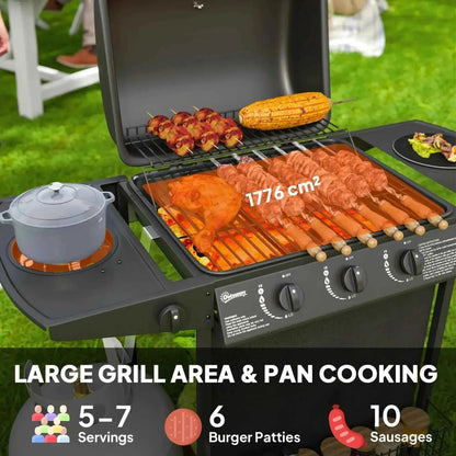 Outsunny black 3 burner gas bbq grill with large cooking surface thermometer and side table for outdoor cooking