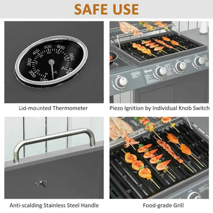 Outsunny 3+1 burner gray gas bbq grill with black lid thermometer stainless steel handle and food-grade grilling surface