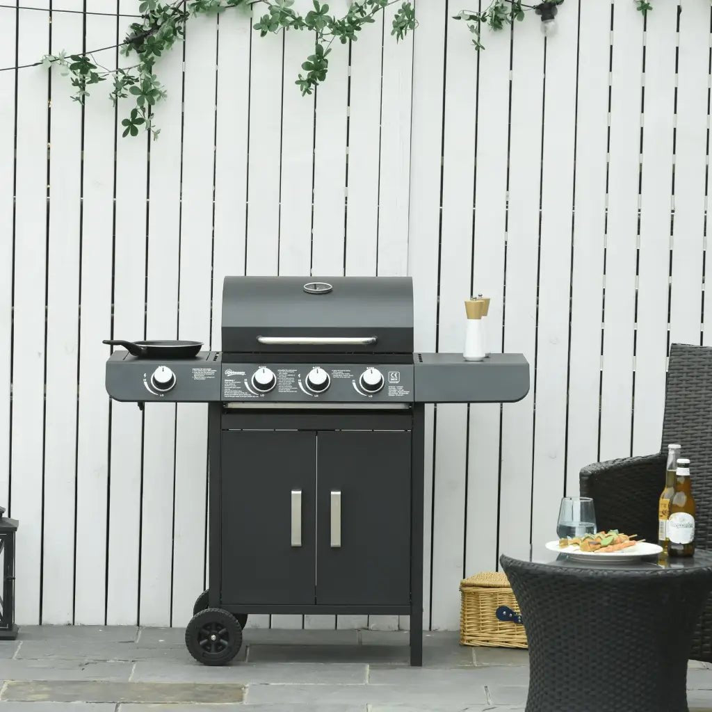 Outsunny 3+1 Burner Gas BBQ Grill, Outdoor Barbecue Trolley with Wheels, Warming Rack, Side Shelves, Cabinet, Thermometer for Garden, Party, Camping, 110L x 50W x 100Hcm, Black 846 - 064 - Garden & Outdoor
