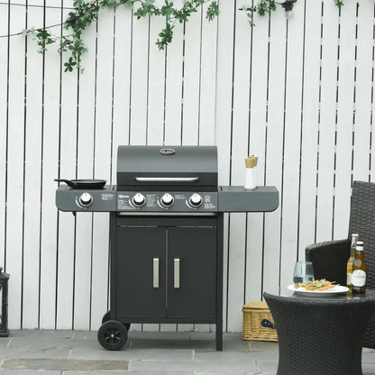 Outsunny 3+1 Burner Gas BBQ Grill, Outdoor Barbecue Trolley with Wheels, Warming Rack, Side Shelves, Cabinet, Thermometer for Garden, Party, Camping, 110L x 50W x 100Hcm, Black 846 - 064 - Garden & Outdoor