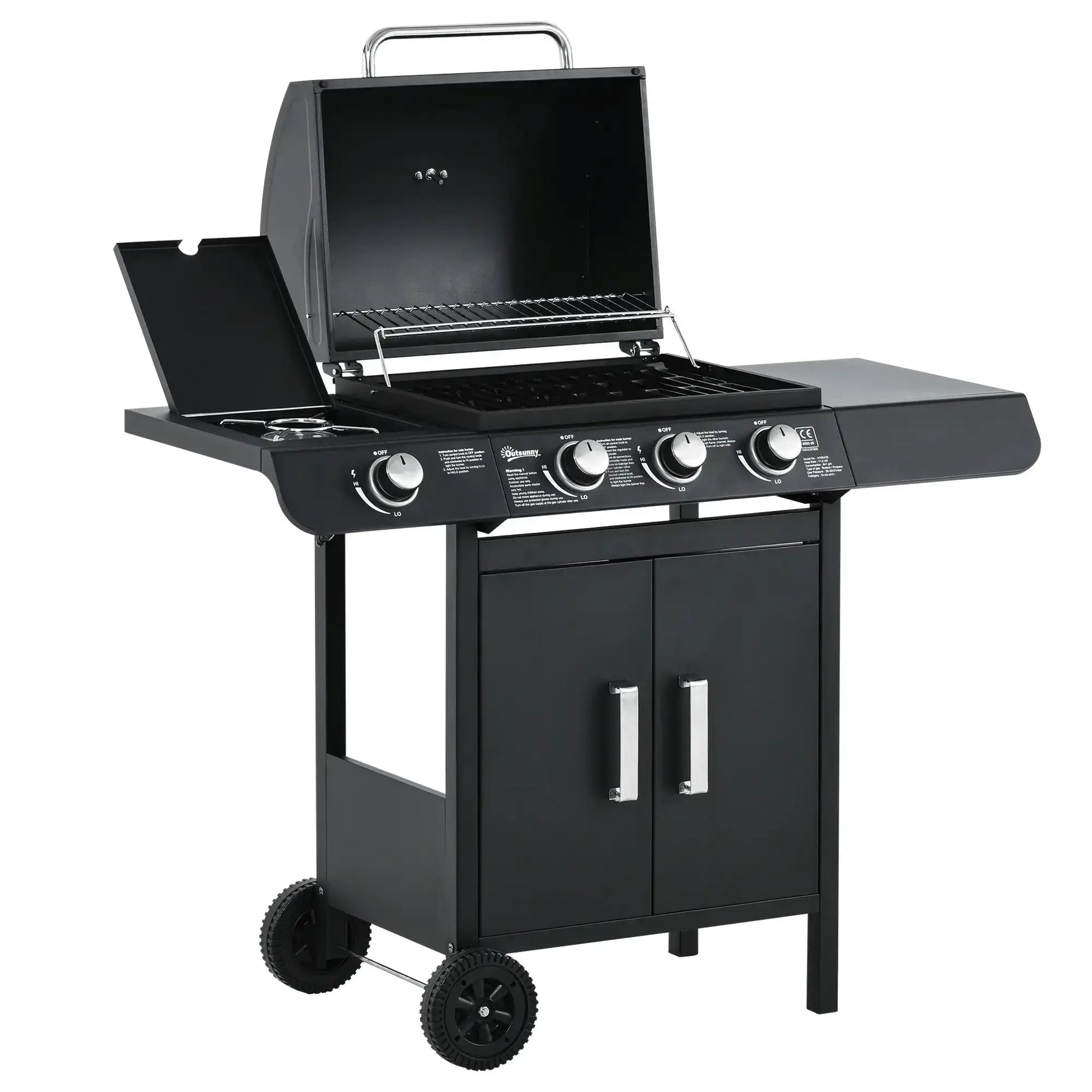 Outsunny 3+1 Burner Gas BBQ Grill, Outdoor Barbecue Trolley with Wheels, Warming Rack, Side Shelves, Cabinet, Thermometer for Garden, Party, Camping, 110L x 50W x 100Hcm, Black 846 - 064 - Garden & Outdoor