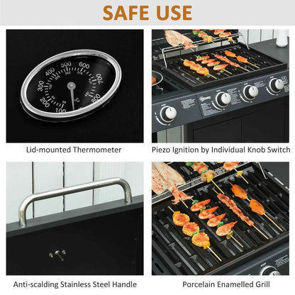 Outsunny 3+1 Burner Gas BBQ Grill with Wheels, Thermometer & Storage - Black | 846-064