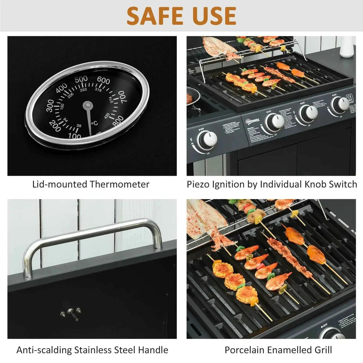 Outsunny black porcelain enameled 3+1 burner gas bbq grill with stainless steel handle, thermometer, wheels, and storage