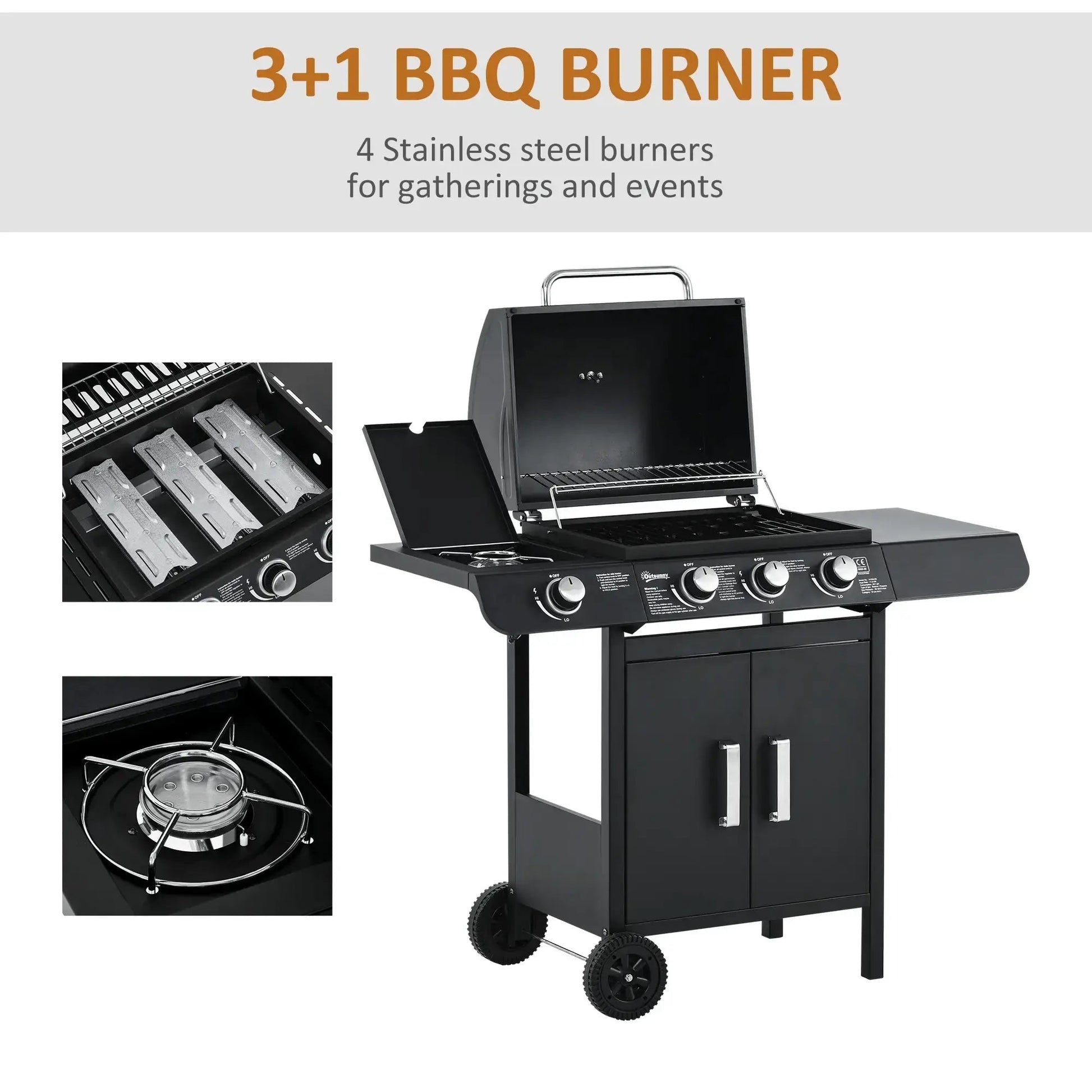Outsunny 3+1 Burner Gas BBQ Grill, Outdoor Barbecue Trolley with Wheels, Warming Rack, Side Shelves, Cabinet, Thermometer for Garden, Party, Camping, 110L x 50W x 100Hcm, Black 846 - 064 - Garden & Outdoor