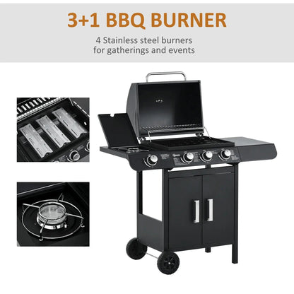 Outsunny 3+1 Burner Gas BBQ Grill, Outdoor Barbecue Trolley with Wheels, Warming Rack, Side Shelves, Cabinet, Thermometer for Garden, Party, Camping, 110L x 50W x 100Hcm, Black 846 - 064 - Garden & Outdoor