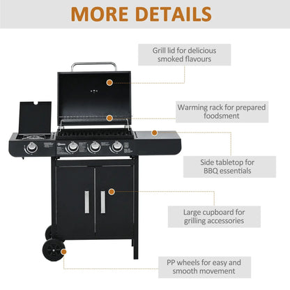 Outsunny 3+1 Burner Gas BBQ Grill, Outdoor Barbecue Trolley with Wheels, Warming Rack, Side Shelves, Cabinet, Thermometer for Garden, Party, Camping, 110L x 50W x 100Hcm, Black 846 - 064 - Garden & Outdoor