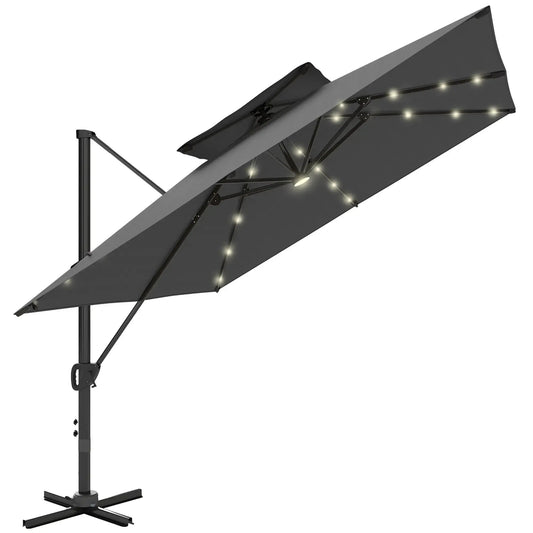 Outsunny 3.5x3 m Cantilever Parasol – Solar LED Garden Umbrella with Centre Light, Tilt & 360° Rotation | 84D - 433V00BK - Furniture, Lighting & Decor