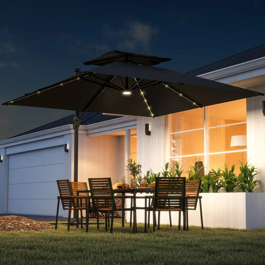 Outsunny 3.5x3 m Cantilever Parasol – Solar LED Garden Umbrella with Centre Light, Tilt & 360° Rotation | 84D - 433V00BK - Furniture, Lighting & Decor